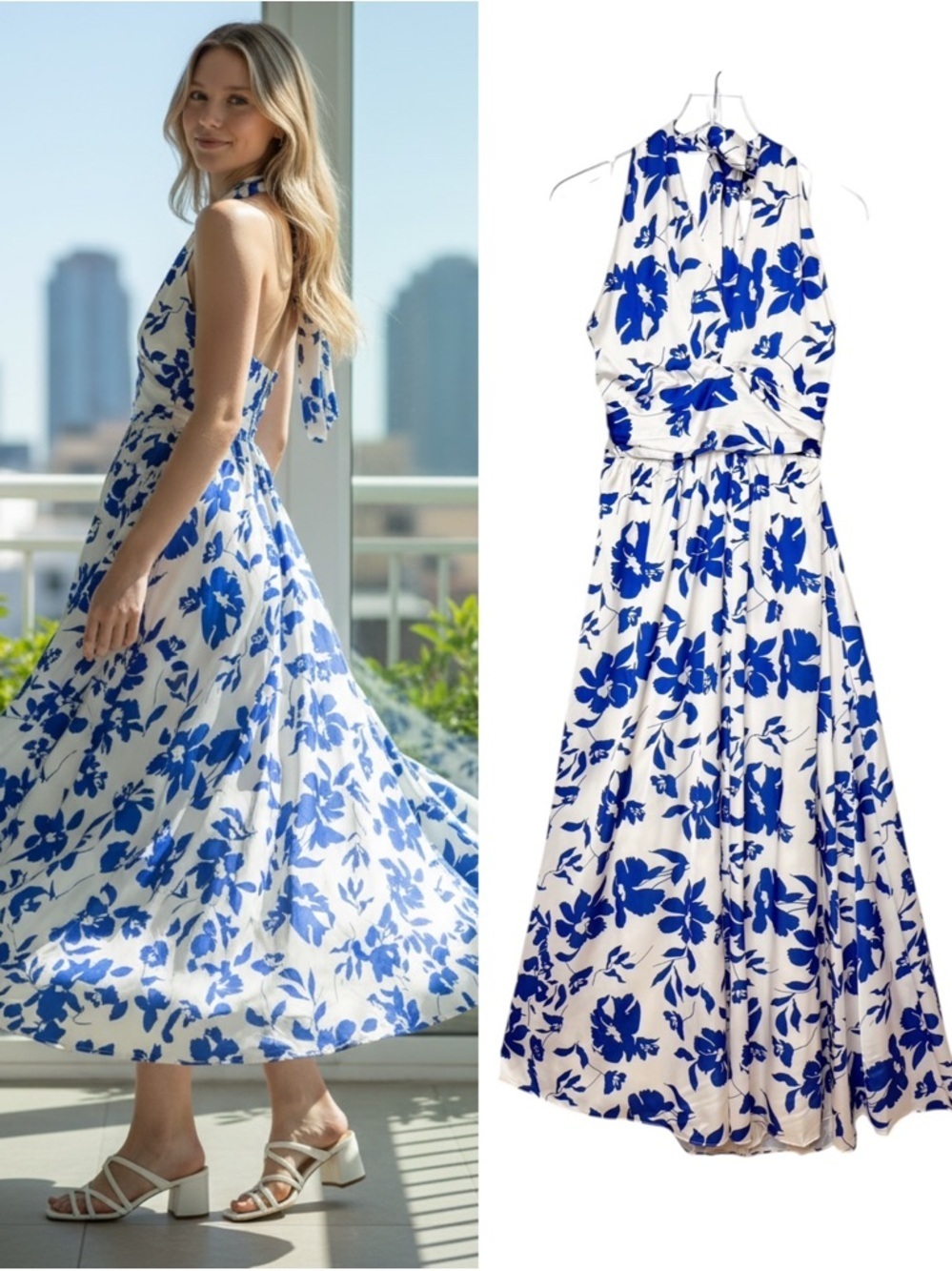 NEW Petal & Pup Allora Blue Floral Women’s Halter Satin Maxi Dress Sz M